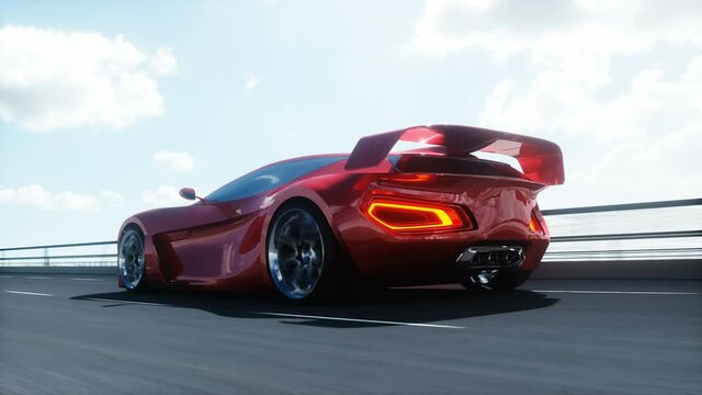 3d model of futuristic red electric car on highway. Very fast driving. Future concept. Realistic 4k animation.