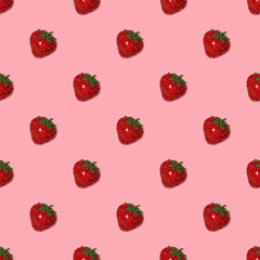 Seamless texture of ripe red strawberries on a pink background.