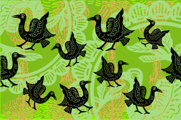 Indonesian batik motifs with very distinctive plant patterns, and birds