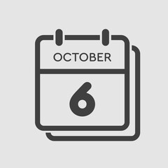 Calendar icon day 6 October, template icon date