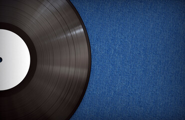 Black Vinyl Record with a White Label on a Blue Denim Surface. Music Background with Copy Space. 3D Render.