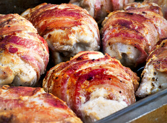 Close up of bacon wrapped chicked