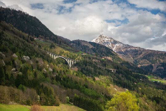 The castle railway bridge at Obervellach in Upper Carinthia, Austria in april.