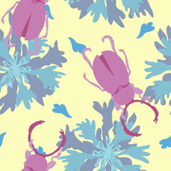 Summer vector seamless pattern with pink stag beetles and cornflowers on yellow background
