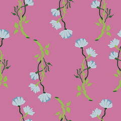 Vector seamless pattern with blue flowers and leaves on pink background