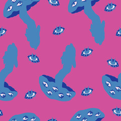 Vector seamless pattern with blue mushrooms with eyes on pink background