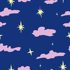 Vector seamless pattern with pink clouds and stars on dark blue sky