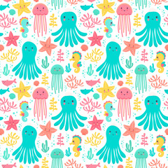 Seamless vector pattern with octopus, sea star, seahorse, fish and water plant in cute colors.