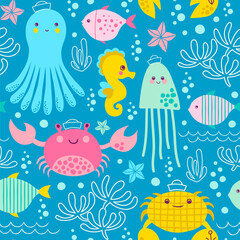 Seamless vector pattern with octopus, seahorse, fish, jellyfish, sea star and water plants.