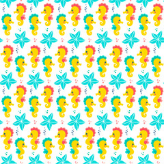 Seamless vector pattern with cute seahorses and starfish.