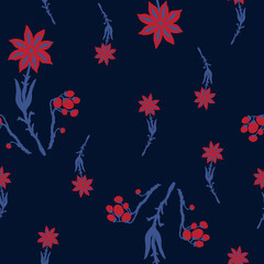 Fototapeta na wymiar Vector seamless pattern with stylized folk flowers on dark background
