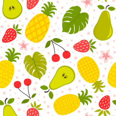 Seamless pattern with pineapple, pear, strawberry and cherry. Vector background with tropical fruits and dots.