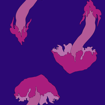 Vector seamless pattern with pink mushrooms on violet background