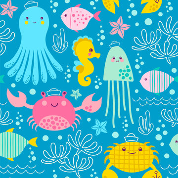 Seamless vector pattern with octopus, seahorse, fish, jellyfish, sea star and water plants. © Julia