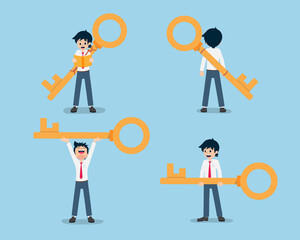 Obraz premium Salary Man With a giant key, holding the key, lifting the key and carrying the key