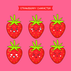 Cute Strawberry Characters With Various Expression