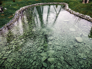 Transparent shallow pond with pebbles at the bottom with a rim of pebbles around the greenery and...