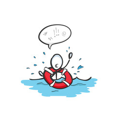 Drowning person calling for help. Vector simple Lifebelt save in the sea. Beach patrol rescue. Stickman cartoon clipart. Hand drawn. Doodle sketch, graphic illustration