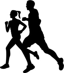 Couple jogging running exercising silhouette - obrazy, fototapety, plakaty
