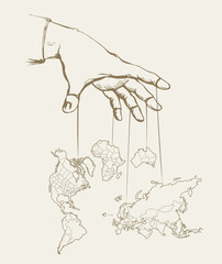 Man hand with a World map. Continents with contours of countries. Vector drawing