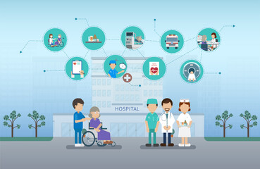 Elder care concept with medical icons and elder patient flat design vector illustration