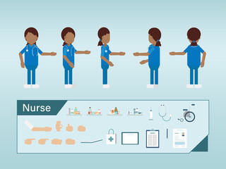 Set of female african american nurse characters wear blue uniform flat design vector illustration