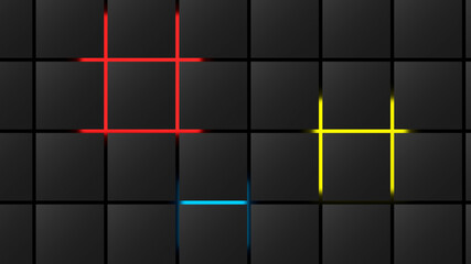 Metal squares in grey with red, green and yellow loghts. Suitable for decorative walls.