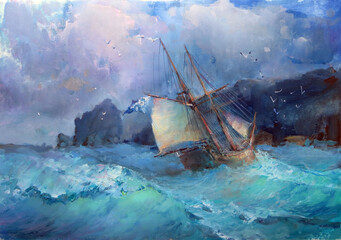 seascape, sea, painting, marine painting, waves, ship, sailboat, azure wave, shore, clouds, spray, interior