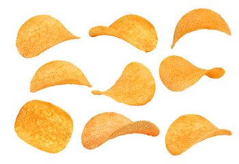Collection of sliced potato chips isolated on white background. Tasty junk food set