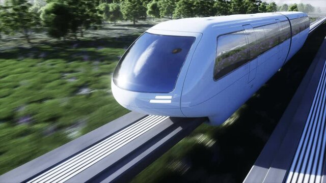 futuristic sci fi monorail train. Concept of future. Futuristic city background. Grass field. 4K realistic animation.