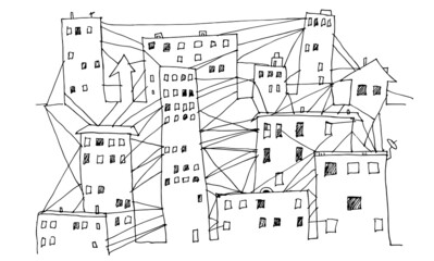 Linear drawing of a city, city communications network
