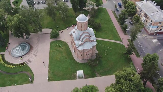 Piatnitskaya church in centre of Chernihiv city. Aerial drone video in 4k.