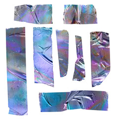 Shiny crumpled stickers. Cool set of metallic holographic sticky tape shapes cuts isolated on white...