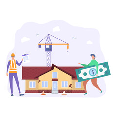 Elite real estate purchase, construction costs, construction investments, purchase of a finished house, bank loan. Colorful vector illustration.