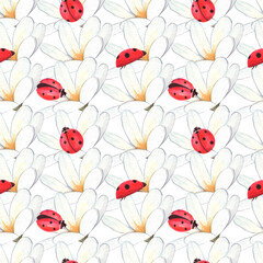 Watercolor seamless pattern with ladybugs. Against the background of daisies, leaves and dew.