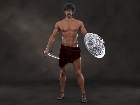 3D render : The portrait of an  strong male acting as a warrior armed with the blade and shield 