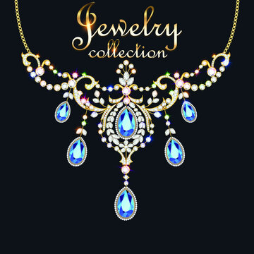 Illustration elegant necklace with precious stones and the inscription jewelry collection