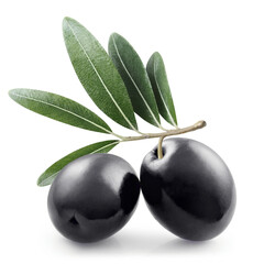 Two delicious black olives with leaves, isolated on white background