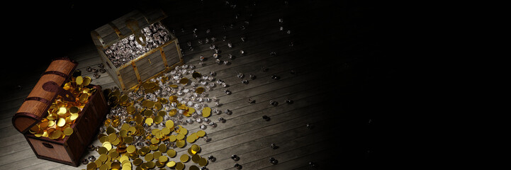 The treasure chest opened with many gold coins and diamonds scattered on the plank floor. The ancient wooden trunk rusted on the metal. 3D Rendering