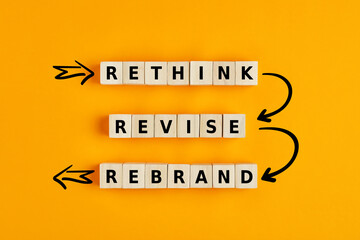 Business branding concept of rethink revise and rebrand words on wooden cubes with process arrows - obrazy, fototapety, plakaty