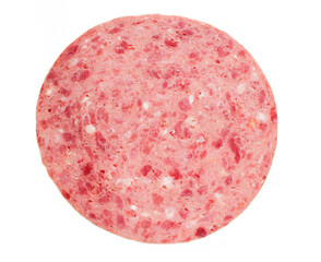 Minced beef slice on white background. Salami meat isolated