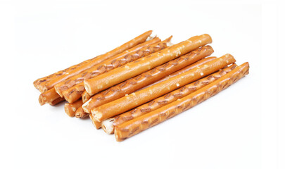 Salty and crispy cracker sticks isolated on white background. Pretzel snack food