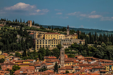 Aerial a view of the old city from viewpoint on the hill of San Pietro