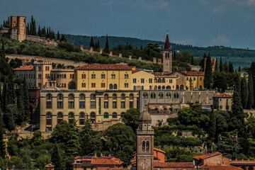 Aerial a view of the old city from viewpoint on the hill of San Pietro