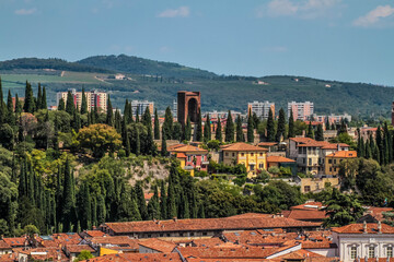 Aerial a view of the old city from viewpoint on the hill of San Pietro