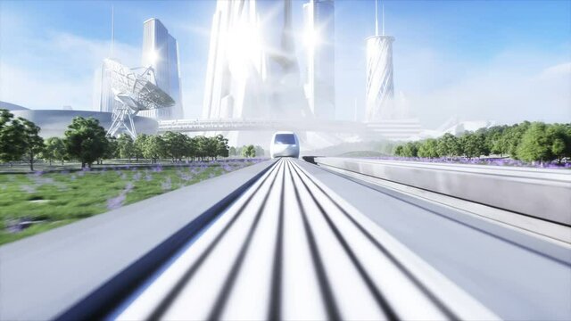 futuristic sci fi monorail train. Concept of future. Futuristic city background. Grass field. 4K realistic animation.