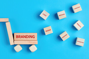 The concept of branding and its essential elements written on wooden blocks on blue background