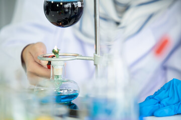 Muslim women scientists making an experiment in laboratory together. Scientists boiling chemical by using alcohol lamp. Photograph with copy space for background.