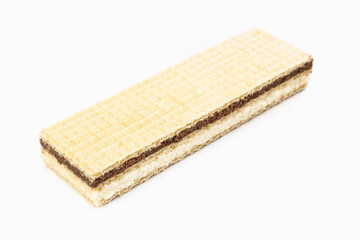 Crispy wafer biscuit isolated on white background. Chocolate and vanilla flavor
