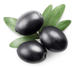 Delicious black olives with leaves, top view, isolated on white background